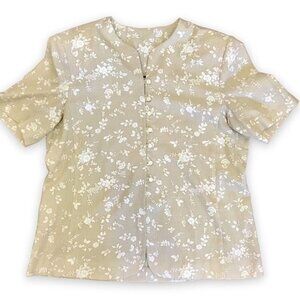 Southern Lady Womens 90's Ditsy Floral Linen Button-Up Top Shoulder Pads Vintage
